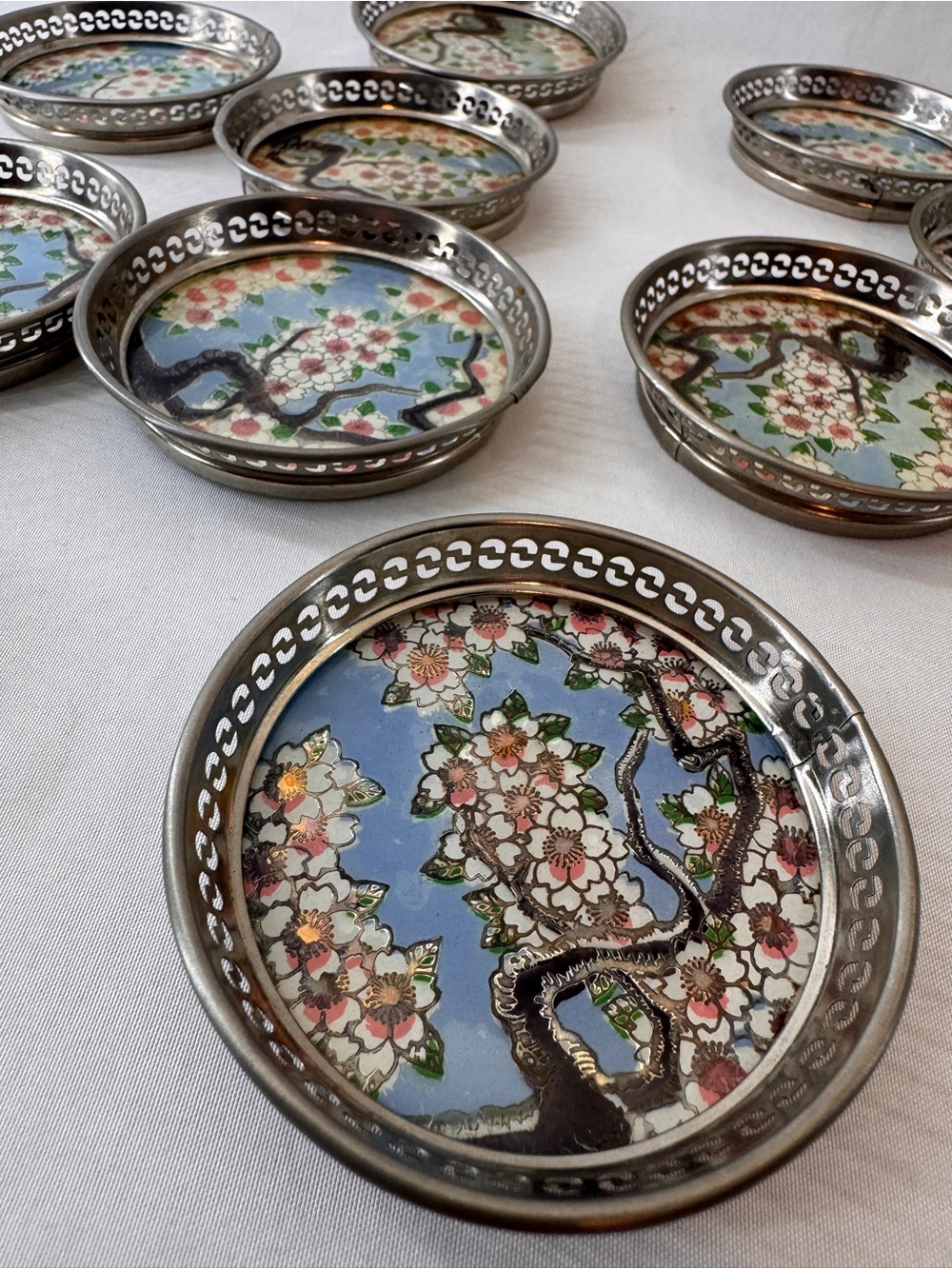 Vintage MCM Barware Japanese Sakura Foil & Washi Paper Glass Coasters MAKE OFFER